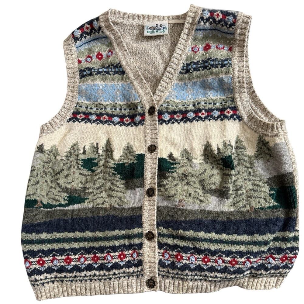 Northern Reflections wool sweater vest 40" bust med trees winter EUC